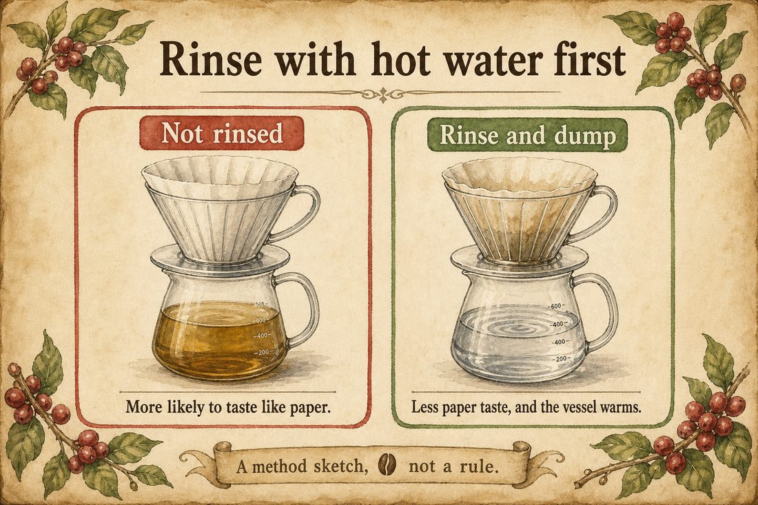 An unrinsed coffee filter more likely to contribute paper flavor compared with a filter rinsed in hot water and drained