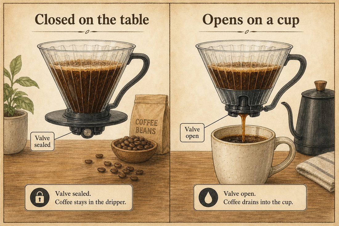 Clever Dripper with the valve closed on a table compared with the valve open on a cup