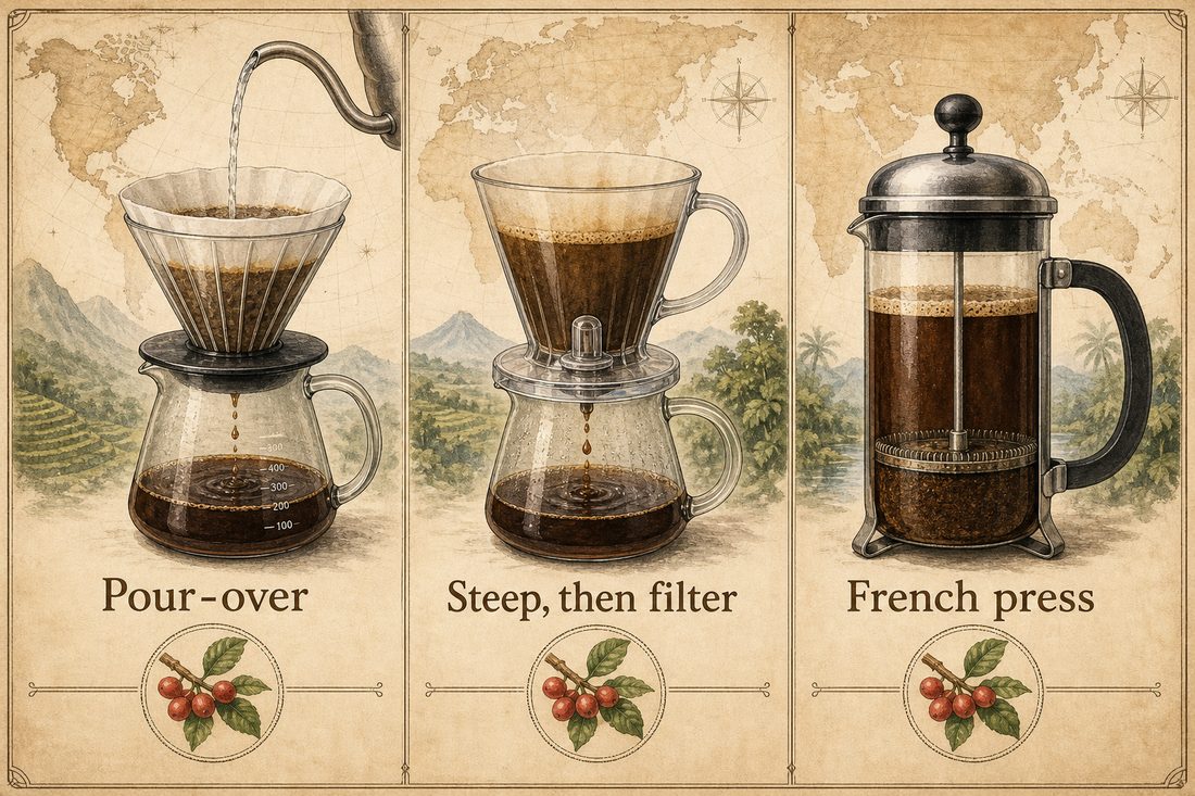 Pour-over percolation compared with steep-then-filter brewing and a French press mesh
