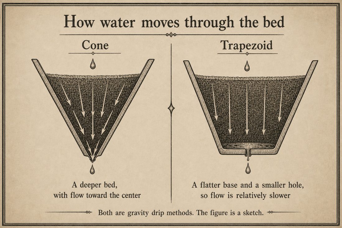 Cross-section of a deep cone bed sending water toward the center, beside a trapezoid dripper with a flatter base and a smaller hole