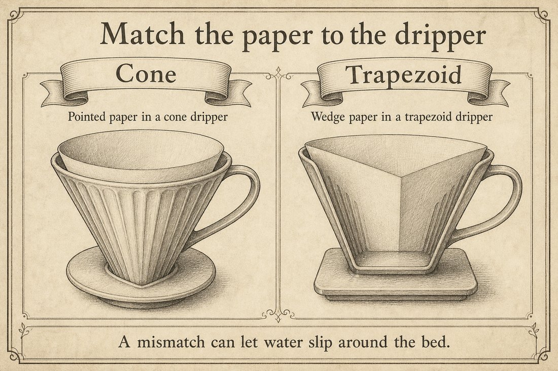 Pointed paper seated in a cone dripper beside wedge paper seated in a trapezoid dripper