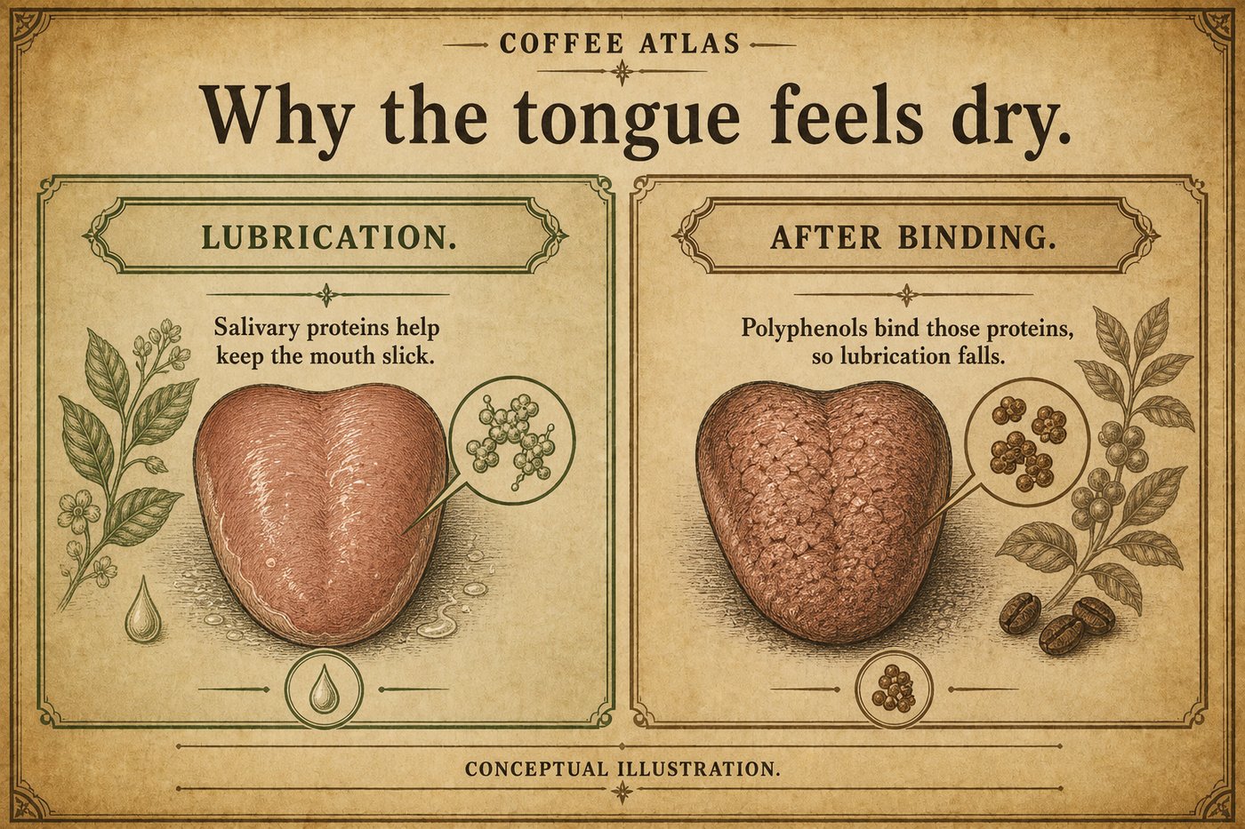 Salivary proteins lubricating the tongue, then polyphenols binding those proteins so lubrication falls and the surface feels dry