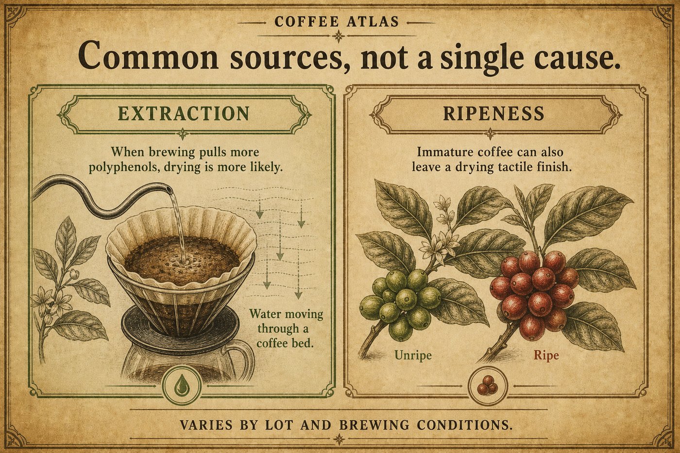 Two common sources of drying: brewing that pulls more polyphenols, and immature coffee cherries