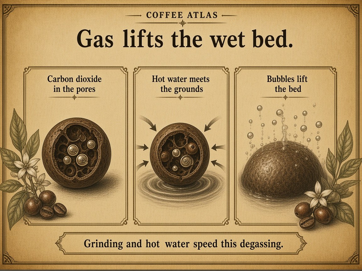Hot water meets ground coffee, carbon dioxide leaves the pores as bubbles, and the wet bed lifts