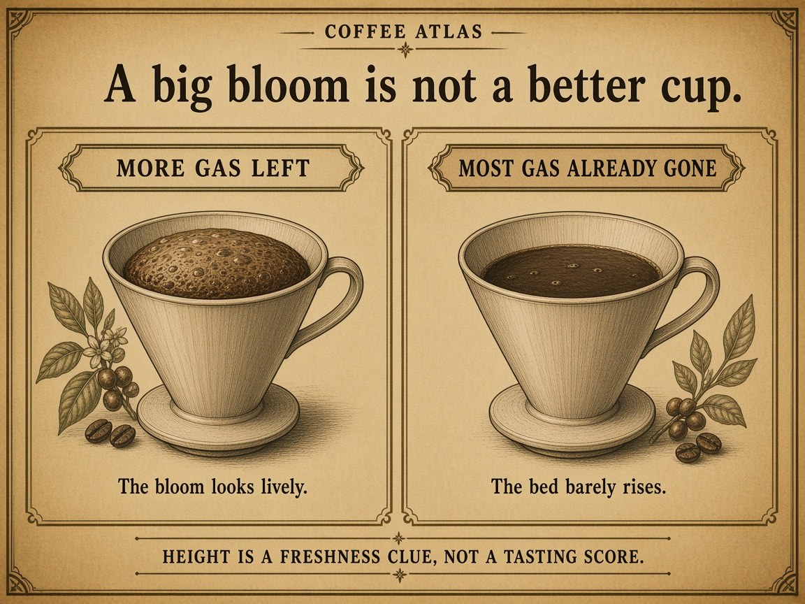 On the left, a gassy bloom puffs high and bubbles; on the right, a degassed bed barely rises