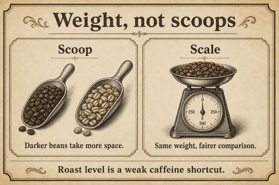 Coffee measured by scoop compared with coffee measured by weight to explain why roast-level caffeine claims differ