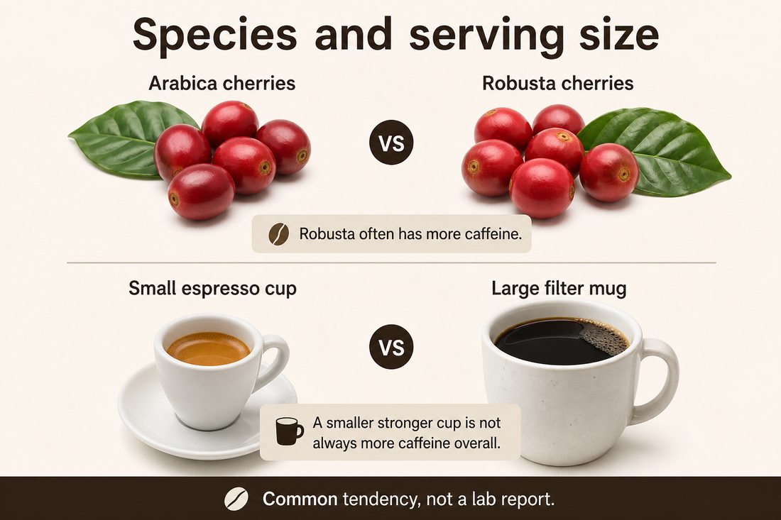 Robusta commonly containing more caffeine than arabica and a small espresso compared with a larger filter-coffee serving