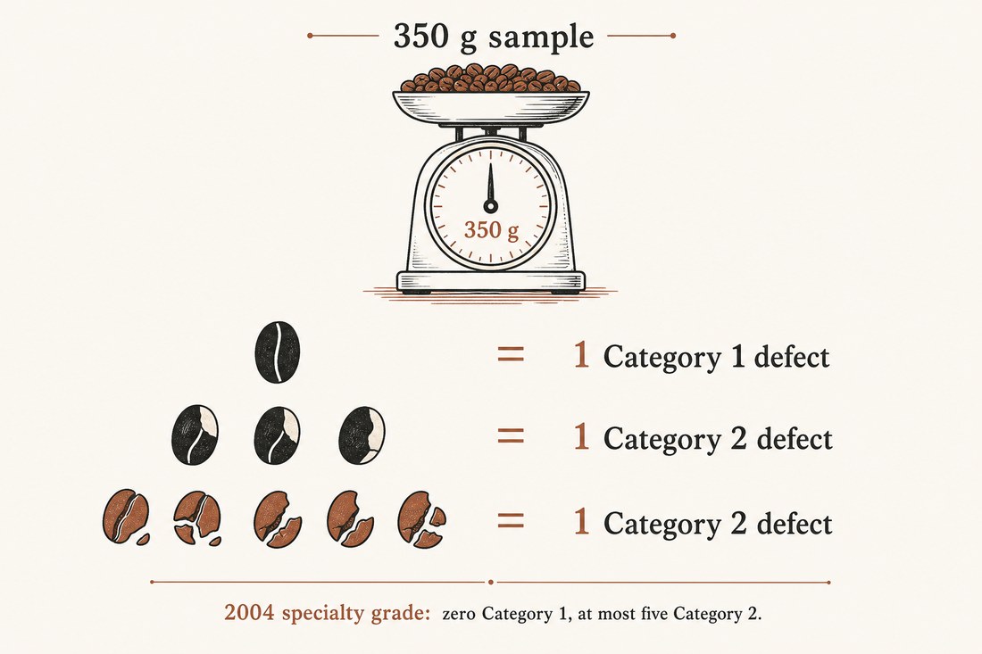 A 350-gram sample converting full black, partial black, and broken beans into full defects