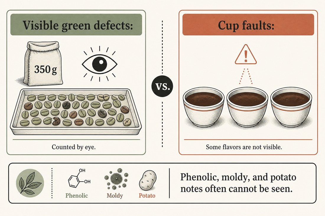 An eye counting green defects beside cupping bowls that represent faults you cannot see