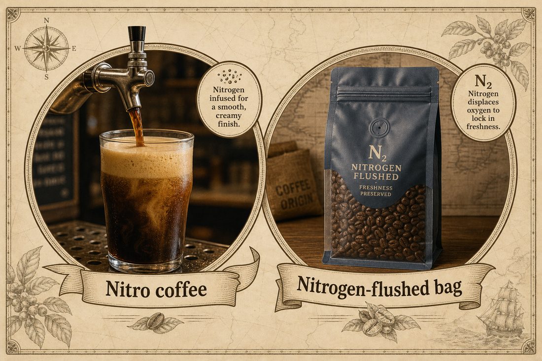 Nitro coffee poured from a tap compared with nitrogen flushed into a bag of roasted beans