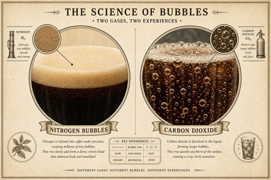 Tiny nitrogen bubbles forming a dense head compared with larger carbon dioxide bubbles
