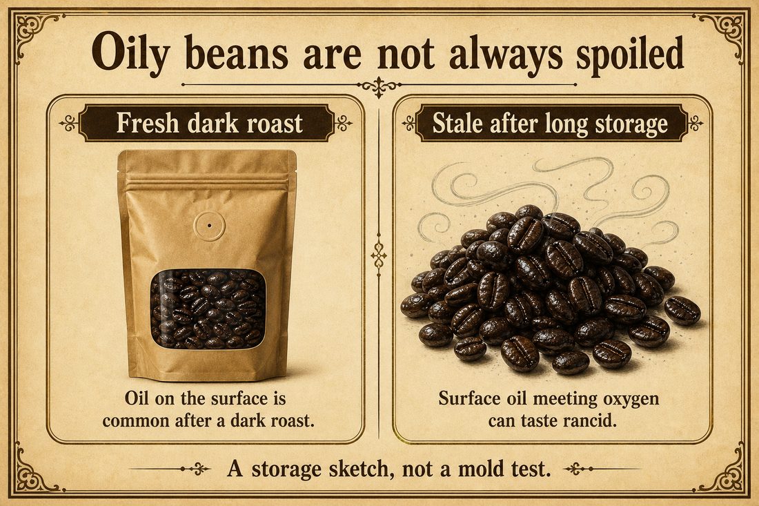 Fresh dark-roast coffee with normal surface oil compared with aging coffee exposed to oxygen