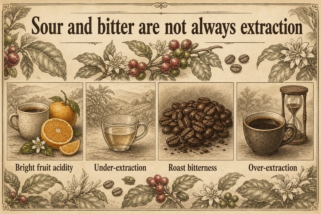 Four scenes for bright fruit acidity, under-extraction, roast bitterness, and over-extraction