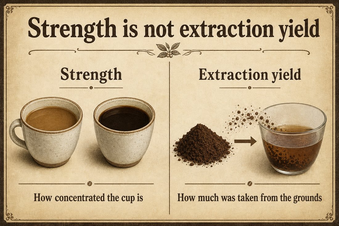 Two cups showing dilute versus concentrated coffee next to grounds dissolving into water as extraction yield