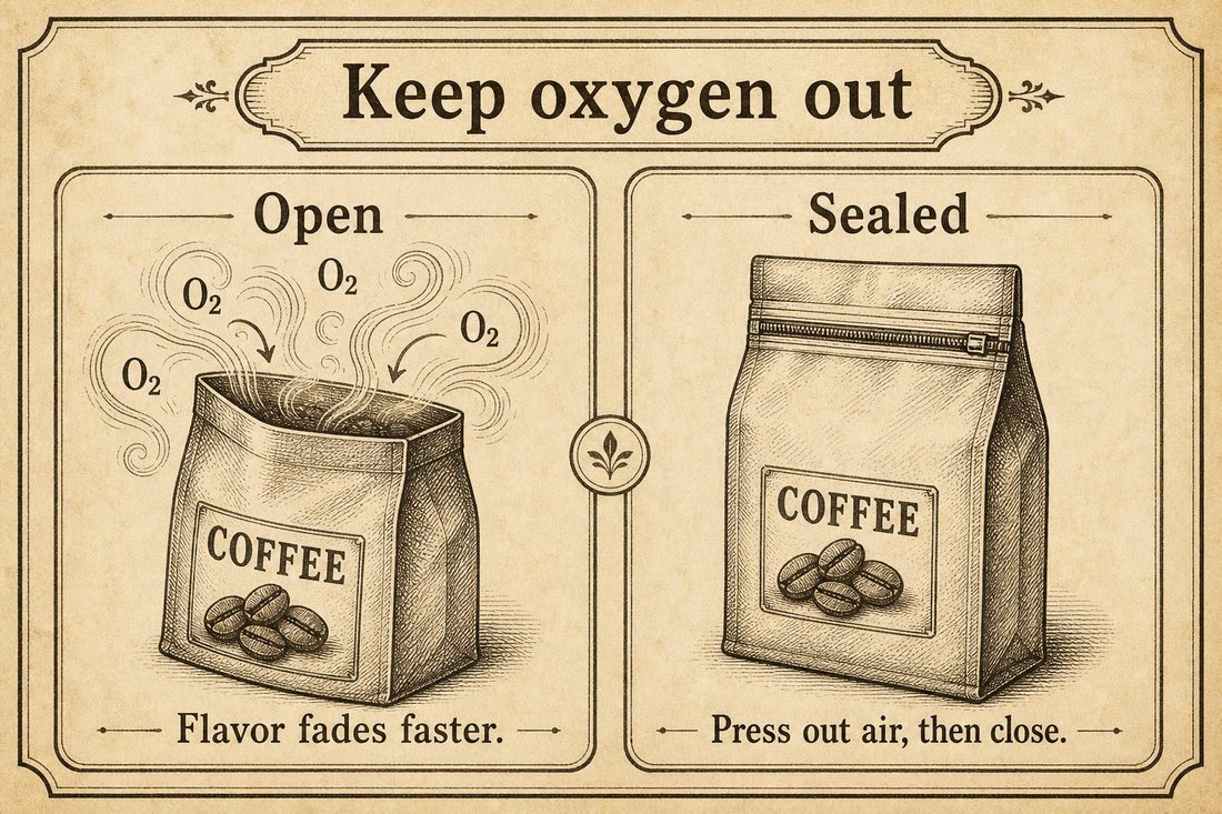 An open coffee bag exposed to oxygen compared with a bag pressed free of excess air and resealed