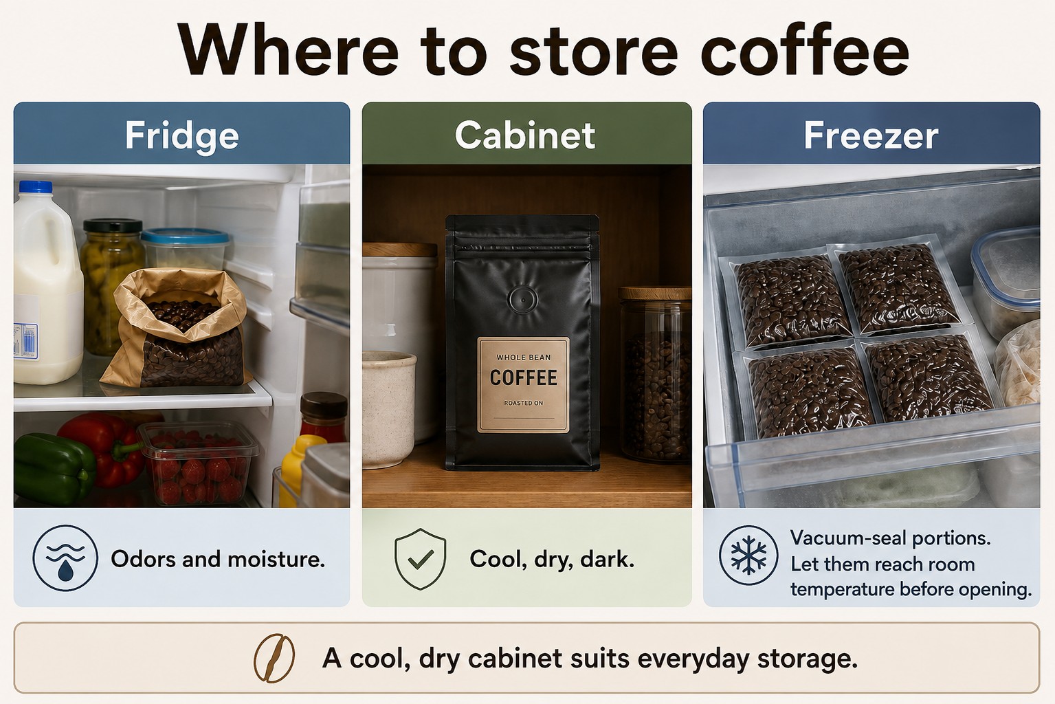 Refrigerator storage compared with a cool dry cabinet and vacuum-sealed portioned freezer storage