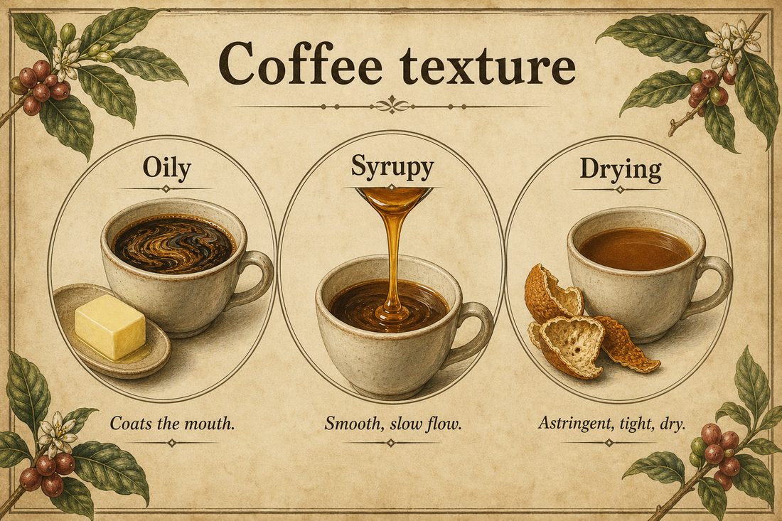 Oily silky syrupy and drying tactile descriptions used for coffee mouthfeel