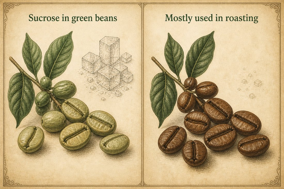 Most green-bean sucrose is used in roasting; leftover sugar in the brew is usually below threshold