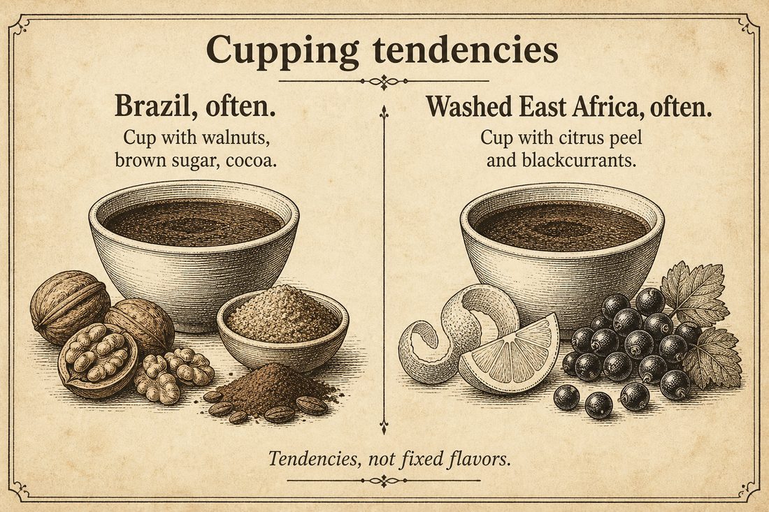 Chocolate and nut impressions often associated with Brazilian coffee beside the brighter acidity often associated with washed East African coffee