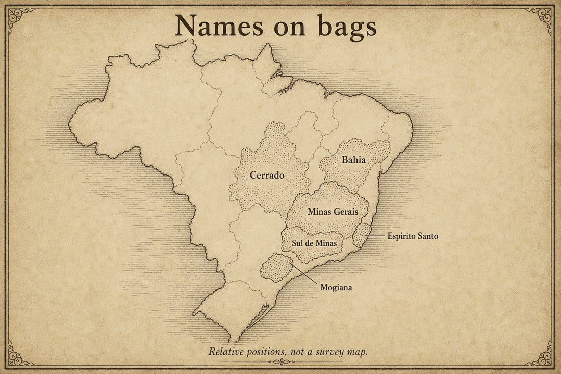 Relative positions of Sul de Minas Cerrado Mogiana Espírito Santo and Bahia coffee areas in Brazil