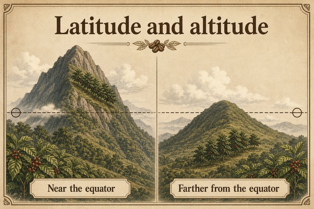 Coffee grown high on a mountain near the equator, and lower on a hill farther from the equator