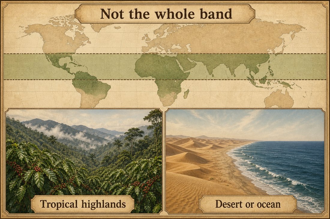 Coffee trees on tropical highlands compared with desert dunes and ocean inside the same tropical latitudes