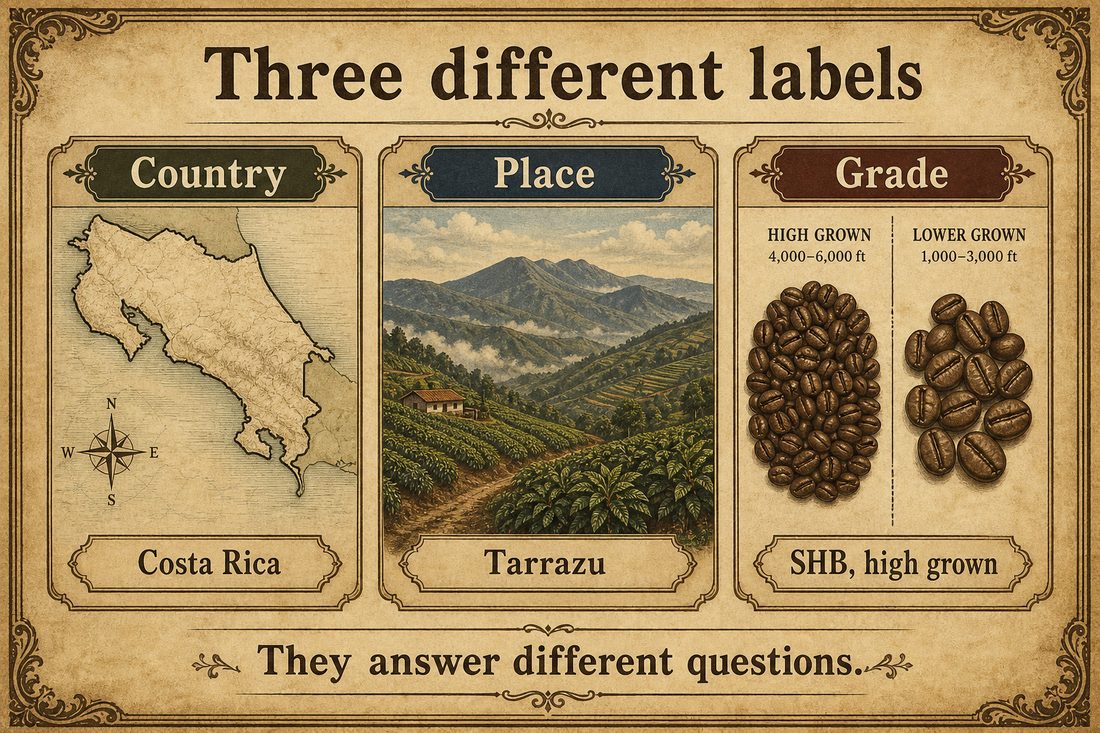 Costa Rica as a country name, Tarrazú as a region name, and SHB as a high-grown hard-bean grade