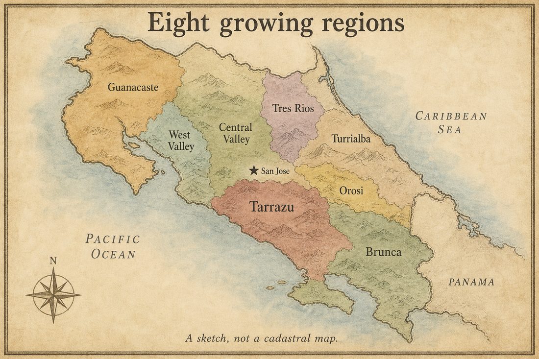 Sketch of Costa Rica with eight coffee regions and Tarrazú marked south of San José