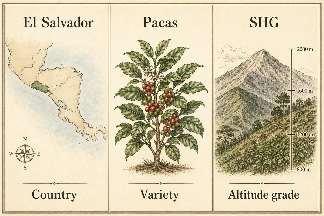El Salvador is a country name, Pacas is a variety, and SHG is an altitude grade