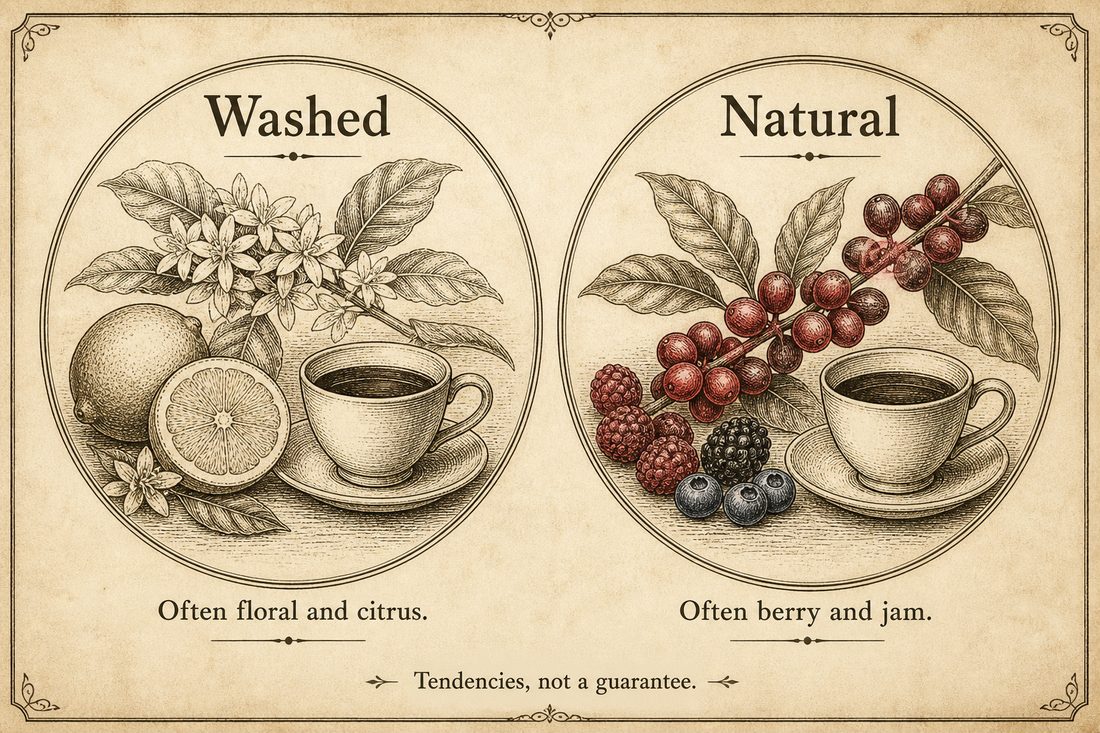 Floral citrus impressions often associated with washed Ethiopian coffee beside berry and jam impressions often associated with natural processing