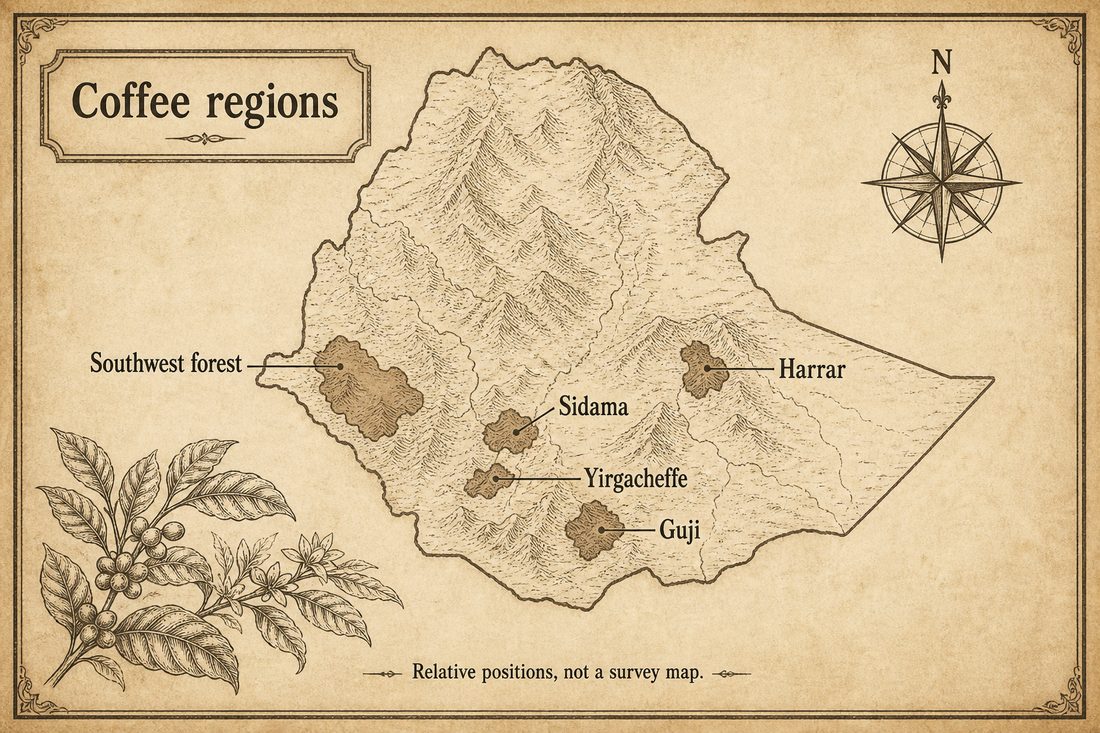 Relative positions of southwestern coffee forests, southern Sidama Yirgacheffe and Guji, and eastern Harrar in Ethiopia