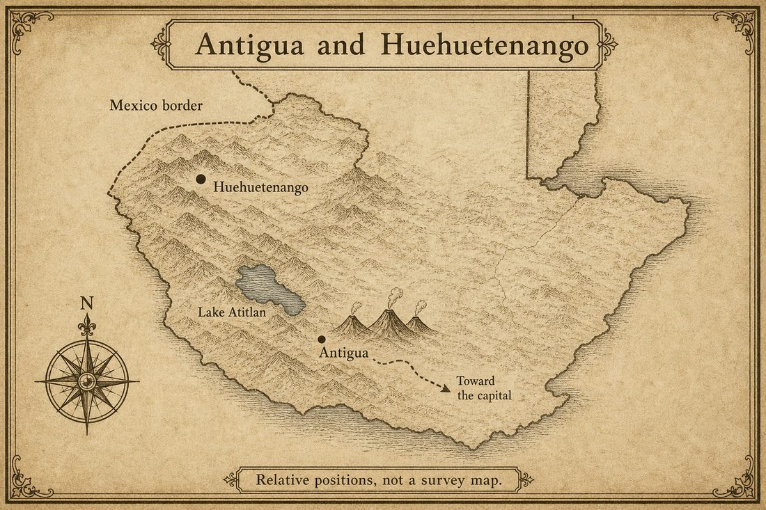 Antigua's volcanic valley near the capital compared with Huehuetenango near Guatemala's border with Mexico