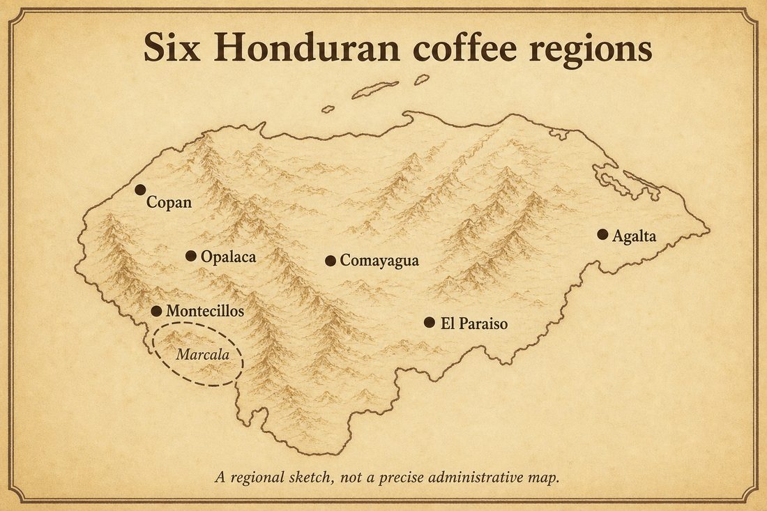 Sketch of Honduras with six coffee regions and Marcala marked in the southwest