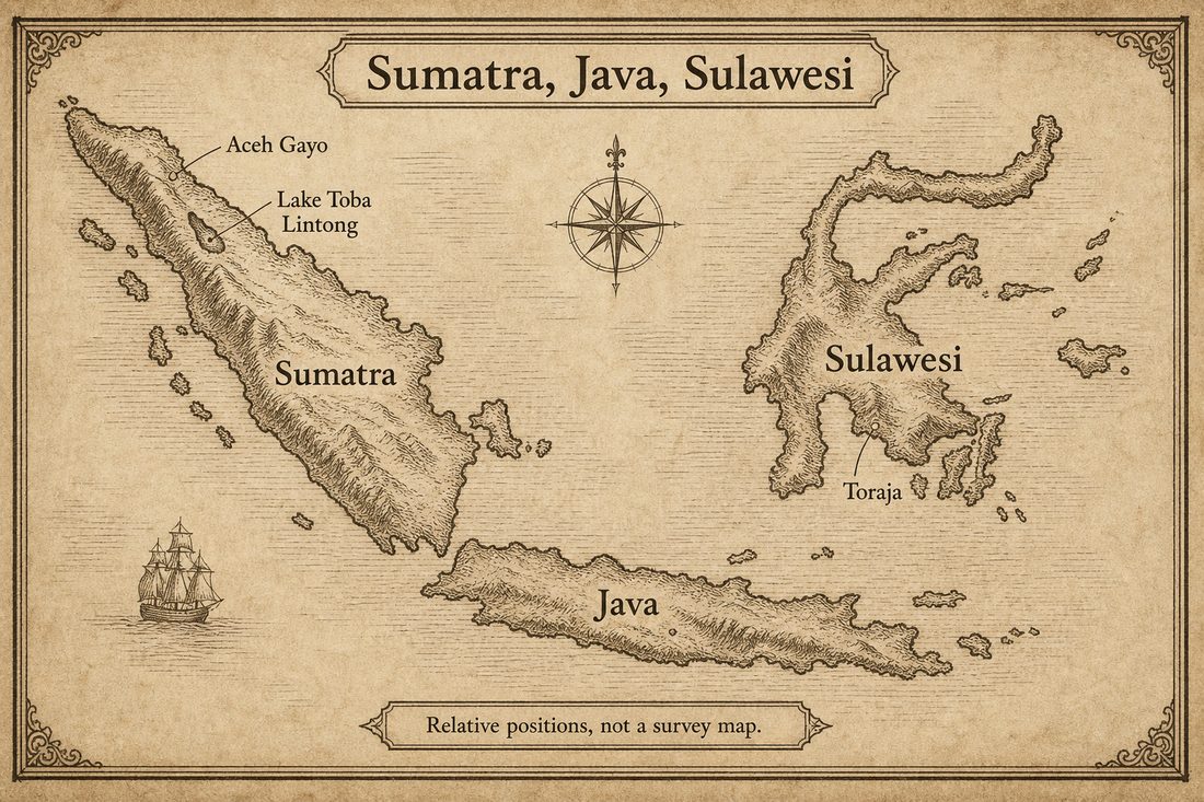 Relative positions of Aceh and Lintong on Sumatra Java and the Toraja highlands of Sulawesi