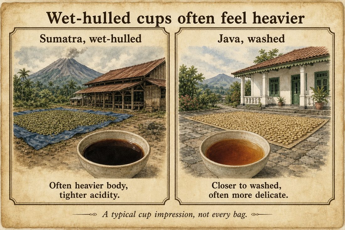 Full-bodied wet-hulled Sumatran coffee compared with a more delicate washed Java profile