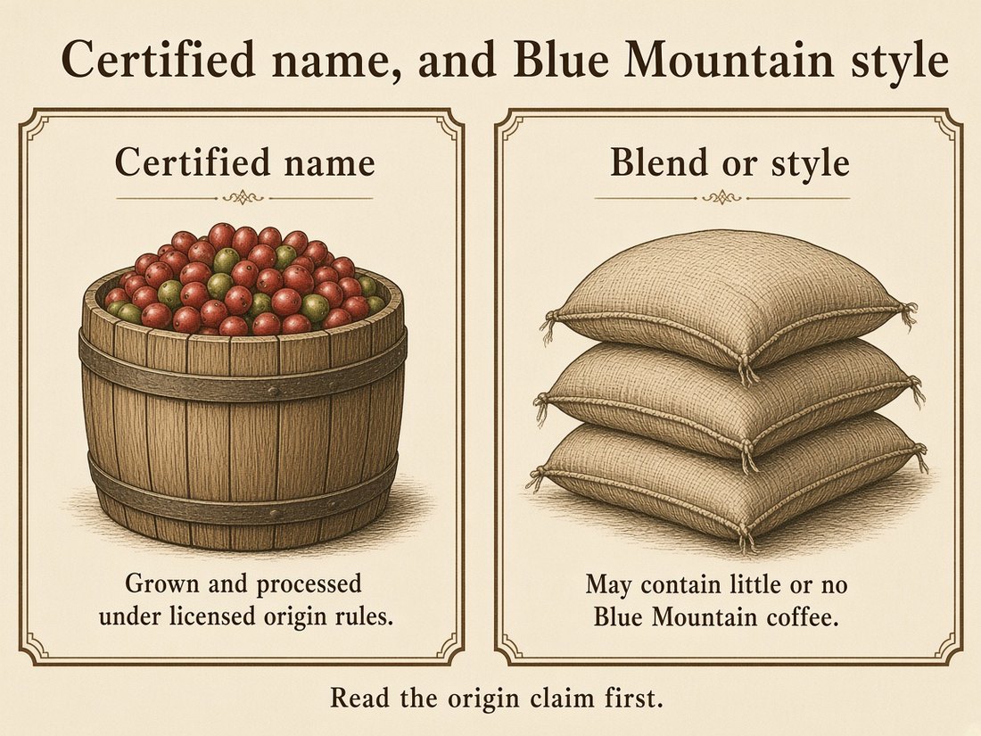 Certified Blue Mountain follows licensed origin rules; a style or blend may contain little or no Blue Mountain coffee