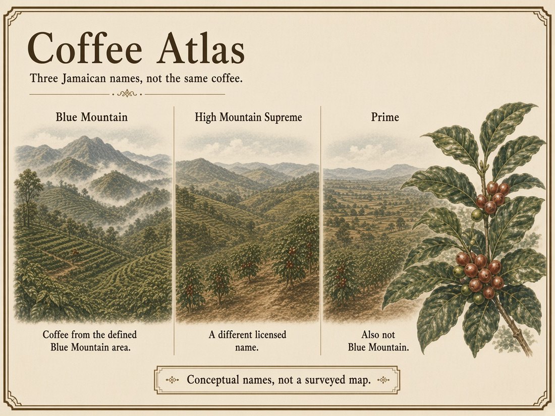 Blue Mountain, High Mountain Supreme, and Prime as three Jamaican names, not the same coffee