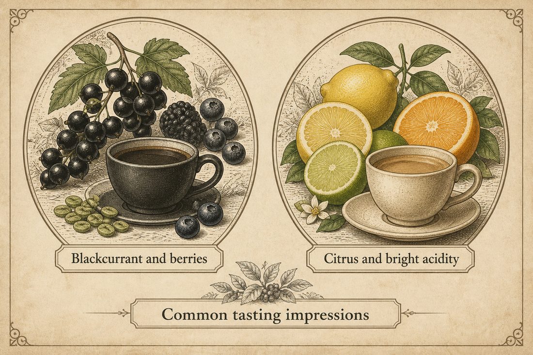 Black currant and dark berries beside bright citrus as common tasting impressions in washed Kenyan coffee
