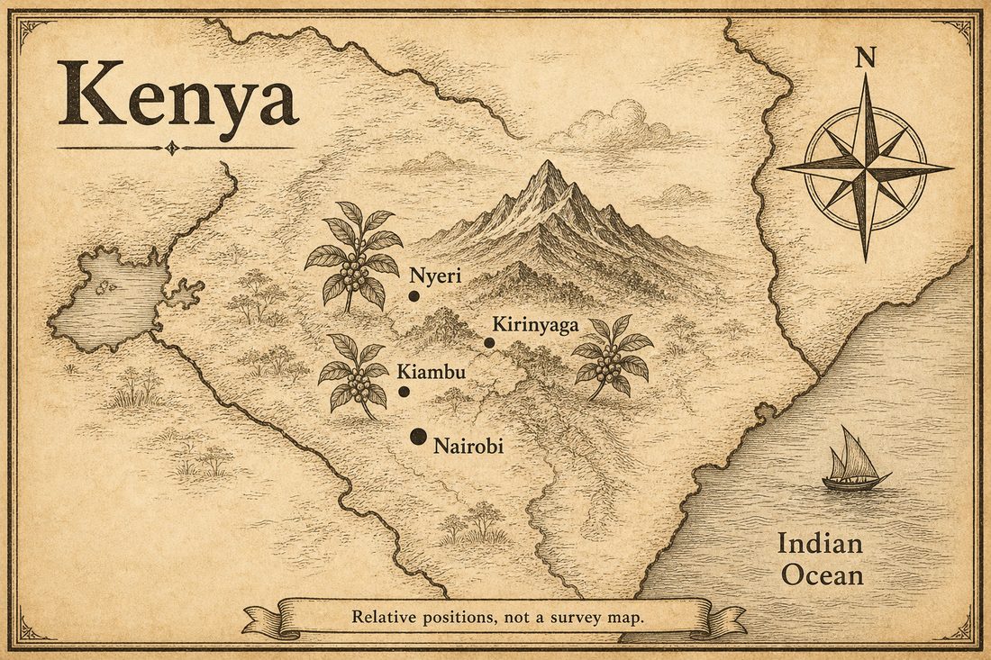 Relative positions of Nyeri Kirinyaga and Kiambu around Kenya's central highland coffee area