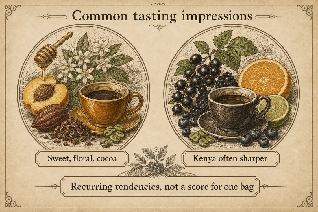Sweet, floral, cocoa notes as a common Rwanda washed impression, with Kenya shown as often sharper