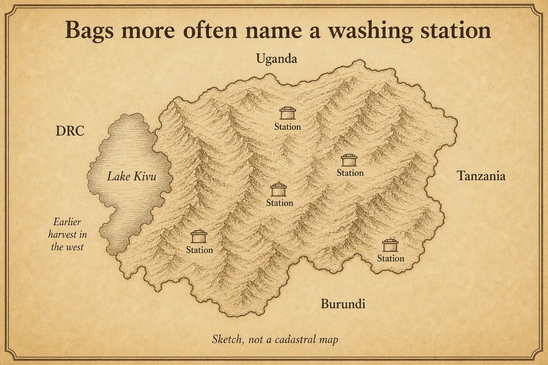 Sketch of Rwanda with washing-station names as the usual bag label and Lake Kivu on the west