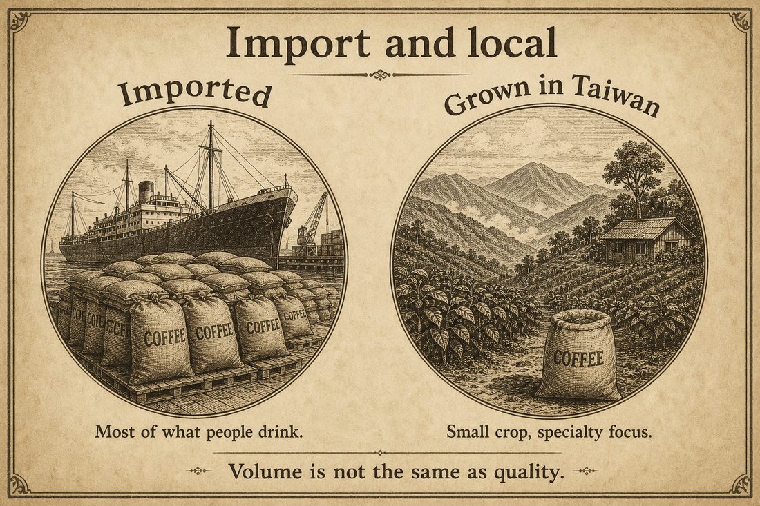 Large imported coffee supply compared with Taiwan's small domestic specialty-focused production