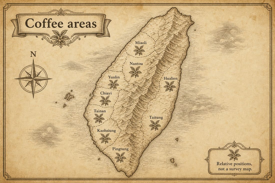 Relative positions of coffee-growing areas across Miaoli Nantou Chiayi Yunlin Tainan Kaohsiung Pingtung Hualien and Taitung in Taiwan