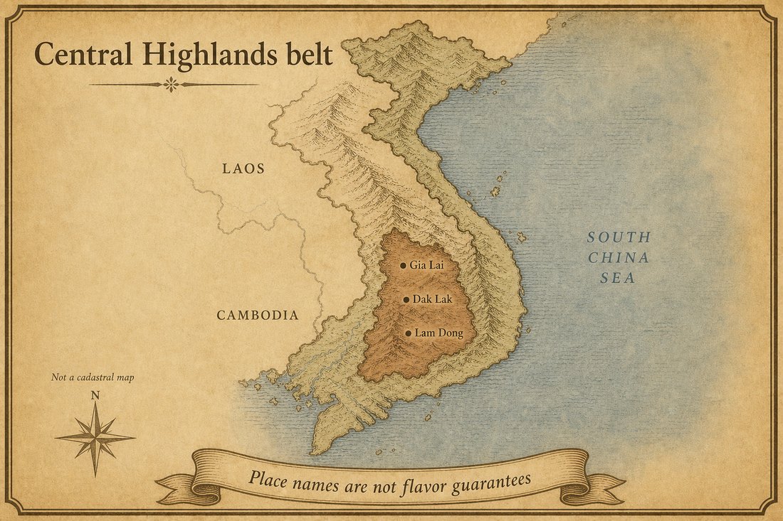 Sketch of Vietnam with coffee concentrated in the Central Highlands, including Dak Lak, Lam Dong, and Gia Lai