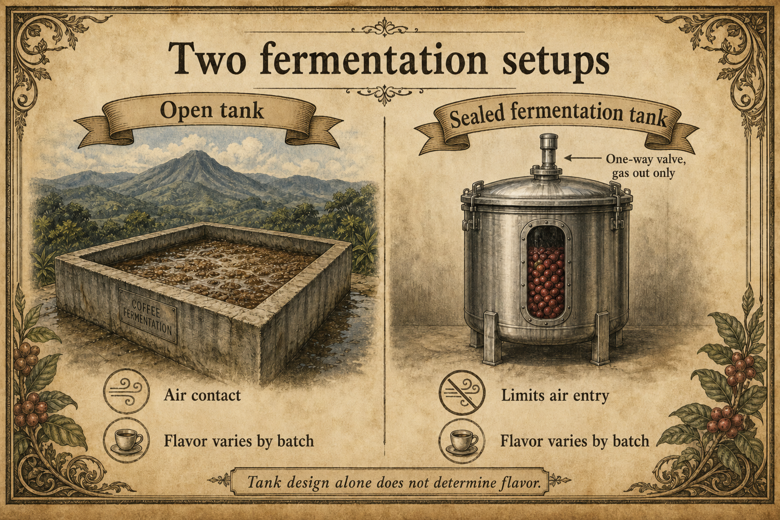 Open coffee fermentation tank compared with a sealed low-oxygen tank fitted with a one-way valve