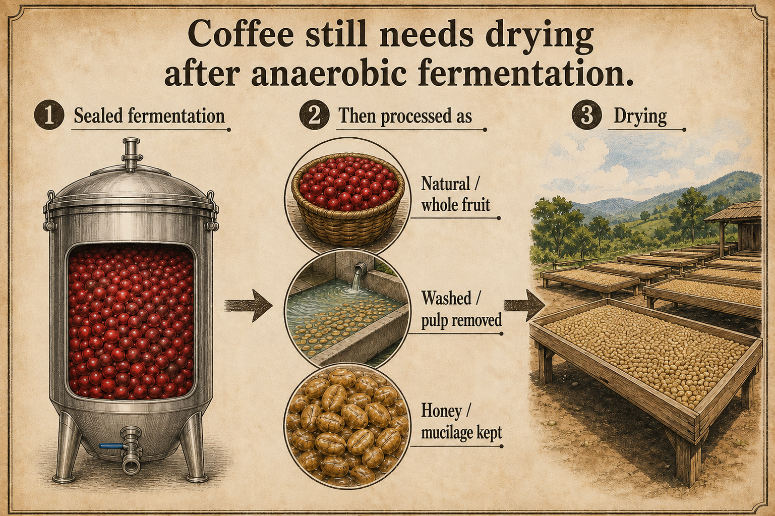 Anaerobic fermentation followed by natural, washed, or honey-process drying paths
