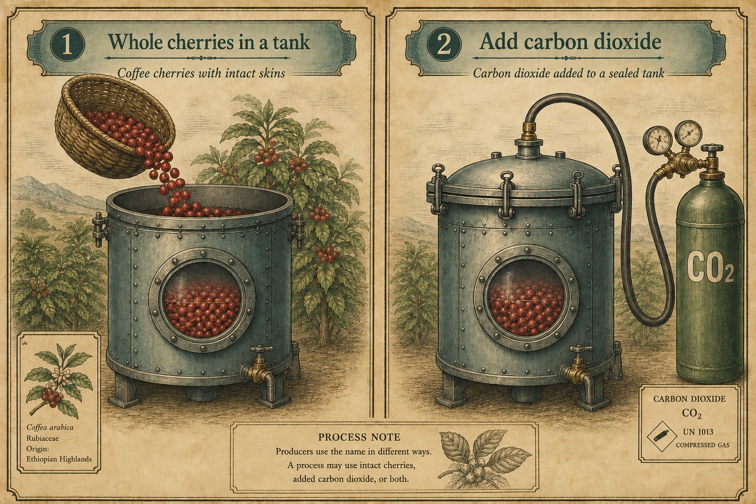 Two interpretations of coffee carbonic maceration: intact cherries in a sealed vessel or deliberate carbon-dioxide injection