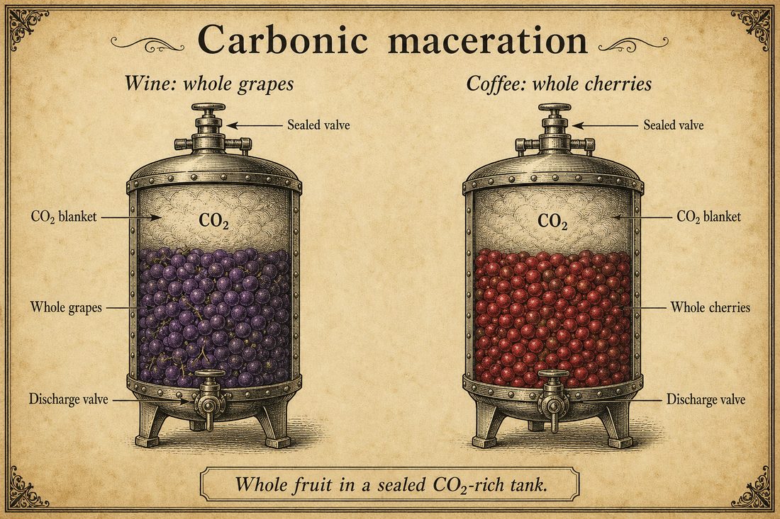 Whole grapes in a wine fermentation vessel compared with whole coffee cherries in a sealed carbon-dioxide-rich tank