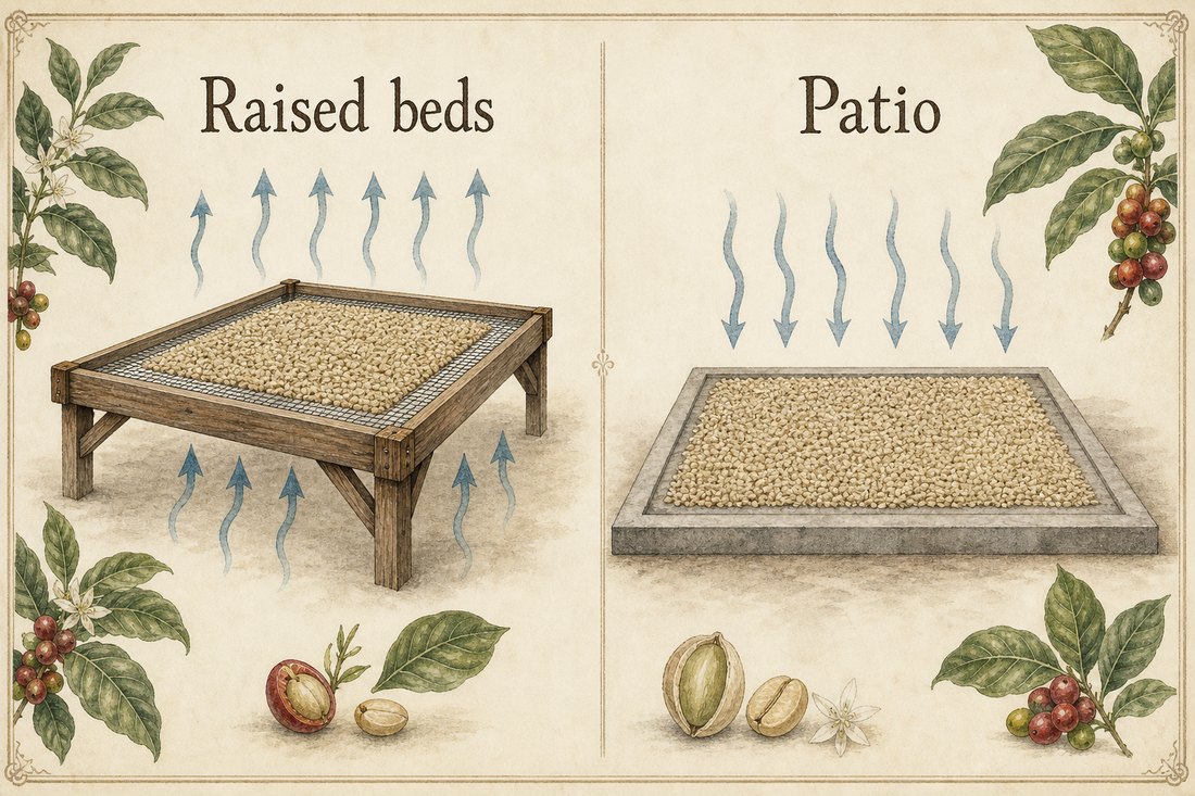 Raised beds with airflow above and below beside parchment drying on a solid patio