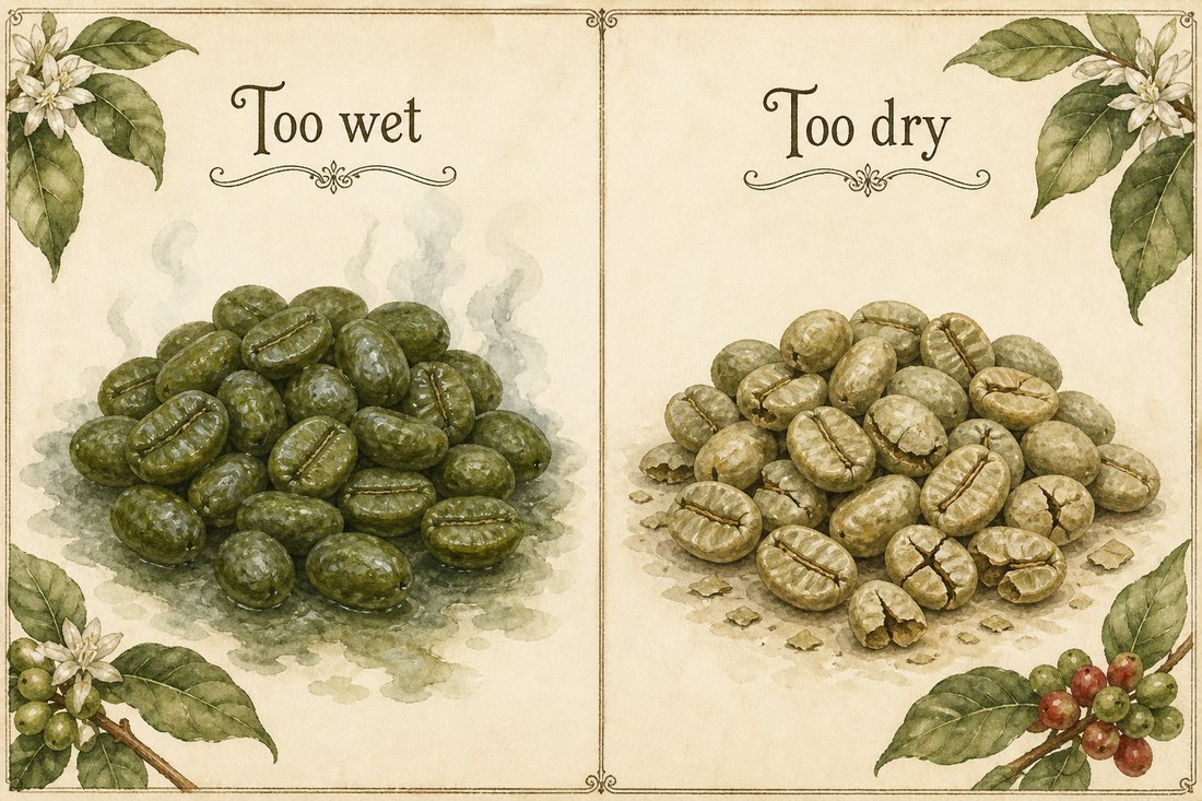 Seeds still too wet beside over-dried beans that look faded and brittle